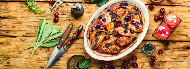 Chicken wings with cherries.