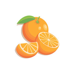 Orange fruit. Vector slices oranges that are segmented. Citrus illustration with leaves isolated 