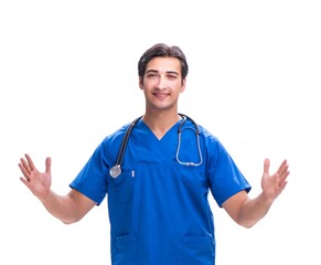 Young male doctor isolated on white background