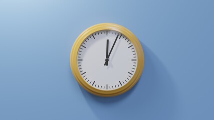 Glossy orange clock on a blue wall at four past twelve. Time is 00:04 or 12:04