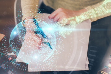 Double exposure of writing hand on background with data solution technology hologram. Ai concept.