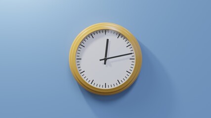 Glossy orange clock on a blue wall at thirteen past twelve. Time is 00:13 or 12:13