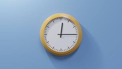 Glossy orange clock on a blue wall at quarter past twelve. Time is 00:15 or 12:15