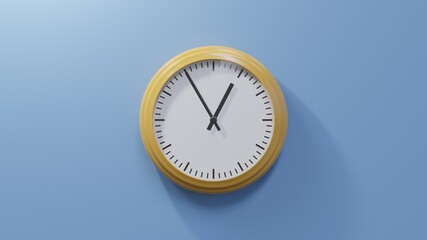 Glossy orange clock on a blue wall at five to one. Time is 00:55 or 12:55