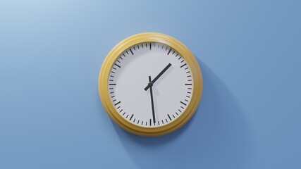 Fototapeta na wymiar Glossy orange clock on a blue wall at twenty-nine past one. Time is 01:29 or 13:29