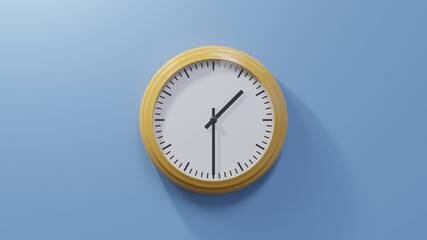 Glossy orange clock on a blue wall at half past one. Time is 01:30 or 13:30