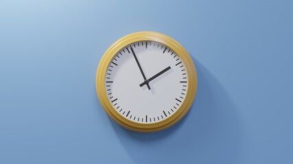 Glossy orange clock on a blue wall at fifty-six past one. Time is 01:56 or 13:56