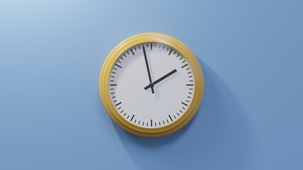 Glossy orange clock on a blue wall at fifty-eight past one. Time is 01:58 or 13:58