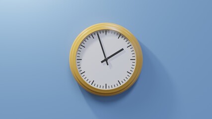Glossy orange clock on a blue wall at fifty-seven past one. Time is 01:57 or 13:57