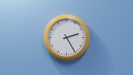 Glossy orange clock on a blue wall at twenty-five past two. Time is 02:25 or 14:25