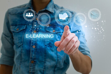 hand pressing learning word button. business concept. e learning