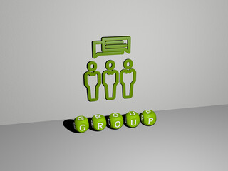 3D representation of GROUP with icon on the wall and text arranged by metallic cubic letters on a mirror floor for concept meaning and slideshow presentation. background and illustration