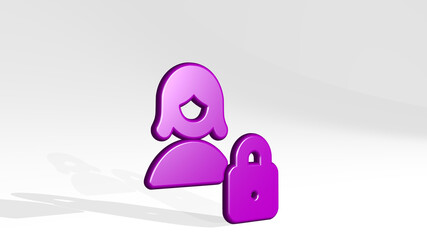 single woman actions lock stand with shadow. 3D illustration of metallic sculpture over a white background with mild texture. icon and isolated