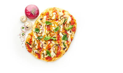 Italian square vegetarian pizza isolated on white background with ingredients, top view