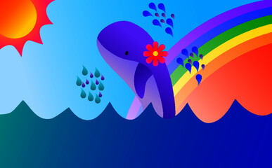 Whale jumping in the blue ocean.