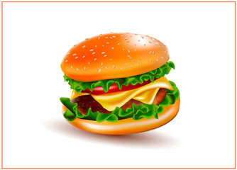 Vector hamburger. A realistic image of a burger with cheese, tomato, lettuce, meat and sesame seeds.