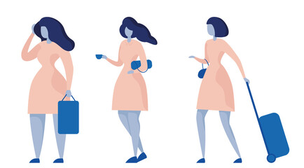 Set of different poses standing woman. Color vector cartoon illustration