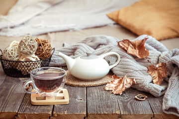 still life autumn cozy composition with tea