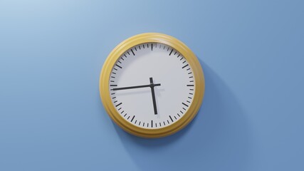 Glossy orange clock on a blue wall at forty-four past five. Time is 05:44 or 17:44