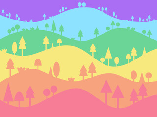 Rainbow mountain background with trees.