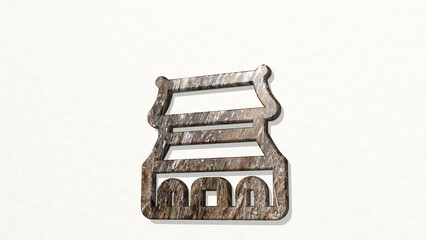 LANDMARK FORBIDDEN CITY on the wall. 3D illustration of metallic sculpture over a white background with mild texture. architecture and building