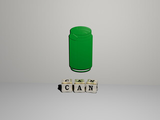 3D graphical image of can vertically along with text built by metallic cubic letters from the top perspective, excellent for the concept presentation and slideshows