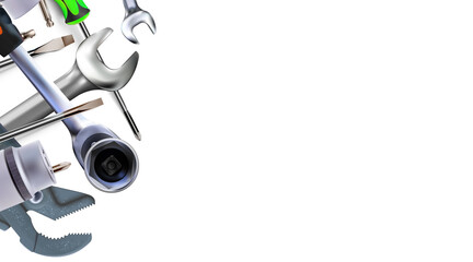 3d Composition of set tools of mechanic, isolated on white background. Copy-space