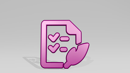 list quill made by 3D illustration of a shiny metallic sculpture with the shadow on light background. business and icon
