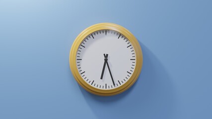 Glossy orange clock on a blue wall at twenty-seven past six. Time is 06:27 or 18:27