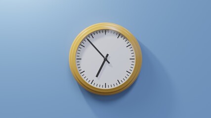 Glossy orange clock on a blue wall at fifty-three past six. Time is 06:53 or 18:53