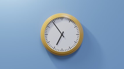 Glossy orange clock on a blue wall at fifty-four past six. Time is 06:54 or 18:54