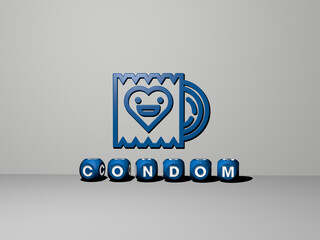3D graphical image of CONDOM vertically along with text built by metallic cubic letters from the top perspective, excellent for the concept presentation and slideshows. illustration and background