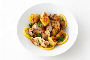 Greek Style Roasted Chicken, Potatoes, Parsely and Lemon