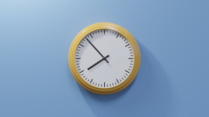 Glossy orange clock on a blue wall at fifty-three past seven. Time is 07:53 or 19:53