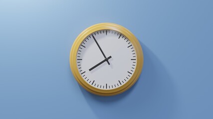 Glossy orange clock on a blue wall at five to eight. Time is 07:55 or 19:55