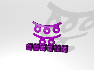 3D graphical image of LIGHTS vertically along with text built by metallic cubic letters from the top perspective, excellent for the concept presentation and slideshows. background and abstract