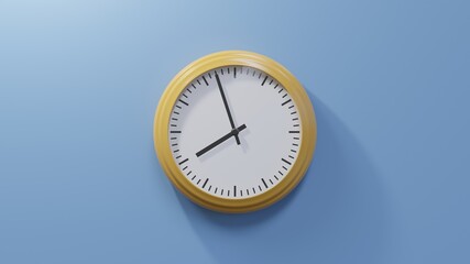 Glossy orange clock on a blue wall at fifty-seven past seven. Time is 07:57 or 19:57