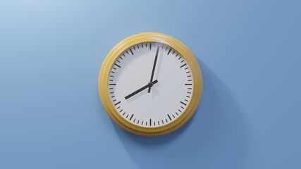 Glossy orange clock on a blue wall at two past eight. Time is 08:02 or 20:02