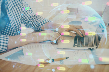Businessman working on Laptop with technology theme drawing. Concept of big data. Double exposure.