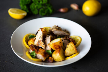 Greek Style Roasted Chicken, Potatoes, Parsely and Lemon