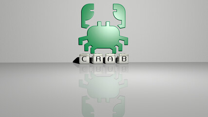 3D graphical image of CRAB vertically along with text built by metallic cubic letters from the top perspective, excellent for the concept presentation and slideshows. illustration and background