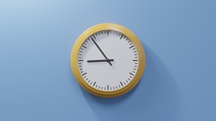 Glossy orange clock on a blue wall at fifty-four past eight. Time is 08:54 or 20:54