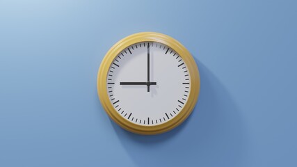 Glossy orange clock on a blue wall at nine o'clock. Time is 09:00 or 21:00