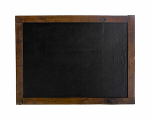 Old grunge blank black chalkboard with old wood frame isolated on white background. Rustic slate with copy space.