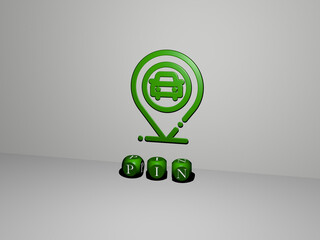 3D representation of PIN with icon on the wall and text arranged by metallic cubic letters on a mirror floor for concept meaning and slideshow presentation. illustration and map
