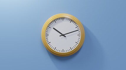 Glossy orange clock on a blue wall at twelve past ten. Time is 10:12 or 22:12