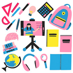Collection set of school supplies. Backpack, globe, ruler, protractor, calculator, magnifier, notepads, smartphone in tripod. Woman teacher on display. Online school, e-learning. Internet education. 