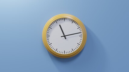 Glossy orange clock on a blue wall at thirteen past eleven. Time is 11:13 or 23:13