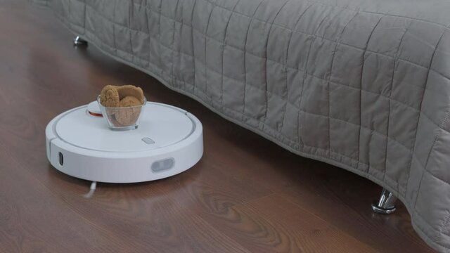 Biscuit in the bed. A robot vacuum cleaner brings cookies in a vase.