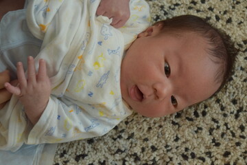 ラグの上の生後36日の赤ちゃん
